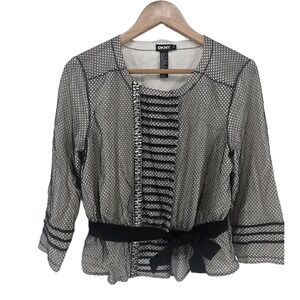DKNY Size 8 Ivory Black Lace Blouse 3/4 Sleeve Career‎ Evening Top